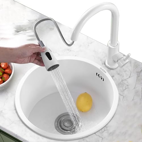 Runde Spüle Mit Wasserhahn Weiß Küchenspüle Edelstahl Spüle Bar Mini Spüle Unterbauspüle Mit Seifenspender, 41cm von Generic