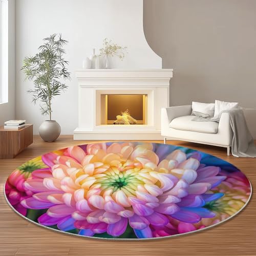 Runder Bunt Teppich Maschinenwaschbar Strapazierfähig, 180 cm Rund Teppiche für Wohnzimmer Wohnbereich Essbereich, Fantasie Nahaufnahme Chrysantheme Flanell Runder Teppich Weiche rutschfest von Generic