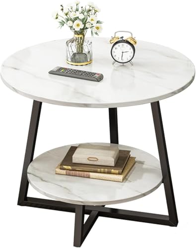 Runder Couchtisch, Zweistöckiger Beistelltisch, Weiße Marmoroberflächenplatte Und Robuste Metallbeine Moderne Design-wohnmöbel Mit Stauraum Offener Regal-sofat, Black Frame, 60 * 60 * 60cm Runder Couchtisch, Zweistöckiger Beistelltisch, Weiße Marmoroberflächenplatte Und Robuste Metallbeine Moderne Design-wohnmöbel Mit Stauraum Offener Regal-sofat, Black Frame, 60 * 60 * 60cm von Generic
