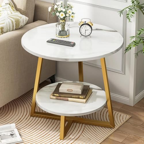 Runder Couchtisch, Zweistöckiger Beistelltisch, Weiße Marmoroberflächenplatte Und Robuste Metallbeine Moderne Design-wohnmöbel Mit Stauraum Offener Regal-sofat, Gold Frame, 40 * 40 * 55cm von Generic
