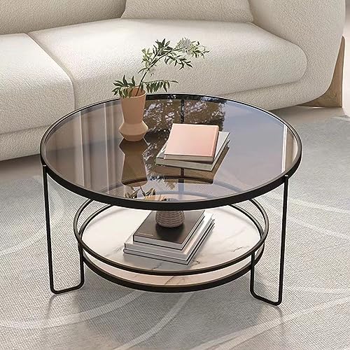 Runder Couchtisch aus gehärtetem Glas, 2-stöckiger Beistelltisch mit Metallrahmen, moderner, platzsparender Mitteltisch für Wohnzimmer, Esszimmer, Wohnung (70 x 45 cm, Schwarz A) von Generic