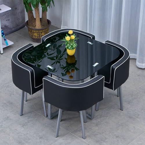 Runder Esstisch-Set mit 4 Stühlen – 12mm Temperiertes Glasplatte, Eisenlegierung-Verstärkte Beine, PU-Soft-Leder-Sitze – Moderner Konferenztisch for Empfang(Black) von Generic