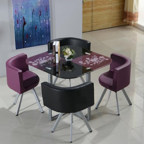 Runder Esstisch-Set mit 4 Stühlen – 12mm Temperiertes Glasplatte, Eisenlegierung-Verstärkte Beine, PU-Soft-Leder-Sitze – Moderner Konferenztisch for Empfang(Black and Purple) von Generic