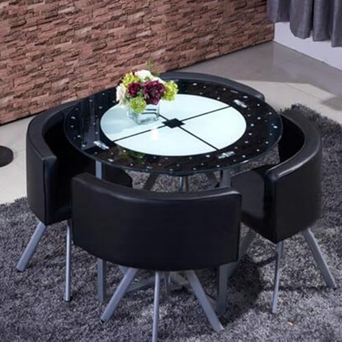 Runder Esstisch-Set mit 4 Stühlen – 12mm Temperiertes Glasplatte, Eisenlegierung-Verstärkte Beine, PU-Soft-Leder-Sitze – Moderner Konferenztisch for Empfang(Black and White) von Generic