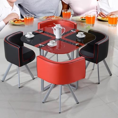 Runder Esstisch-Set mit 4 Stühlen – 12mm Temperiertes Glasplatte, Eisenlegierung-Verstärkte Beine, PU-Soft-Leder-Sitze – Moderner Konferenztisch for Empfang(Black and red) von Generic