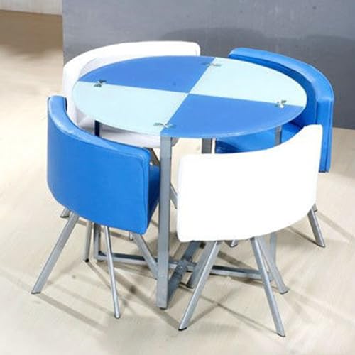 Runder Esstisch-Set mit 4 Stühlen – 12mm Temperiertes Glasplatte, Eisenlegierung-Verstärkte Beine, PU-Soft-Leder-Sitze – Moderner Konferenztisch for Empfang(Blue and White) von Generic