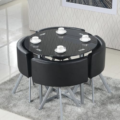 Runder Esstisch-Set mit 4 Stühlen – 12mm Temperiertes Glasplatte, Eisenlegierung-Verstärkte Beine, PU-Soft-Leder-Sitze – Moderner Konferenztisch for Empfang(Dark Black) von Generic