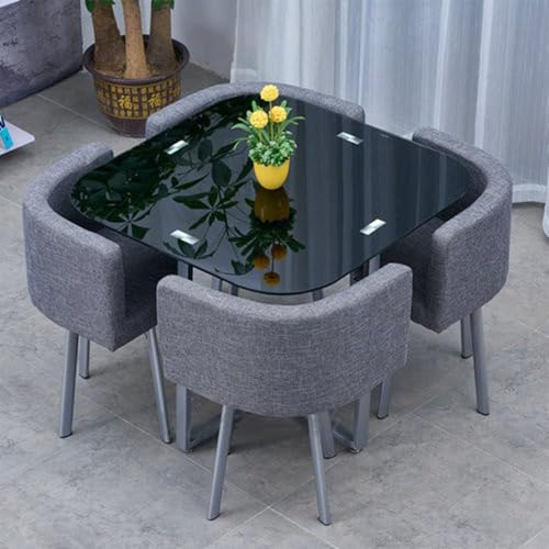 Runder Esstisch-Set mit 4 Stühlen – 12mm Temperiertes Glasplatte, Eisenlegierung-Verstärkte Beine, PU-Soft-Leder-Sitze – Moderner Konferenztisch for Empfang(Gray) von Generic