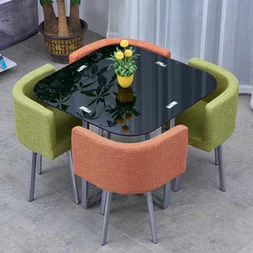 Runder Esstisch-Set mit 4 Stühlen – 12mm Temperiertes Glasplatte, Eisenlegierung-Verstärkte Beine, PU-Soft-Leder-Sitze – Moderner Konferenztisch for Empfang(Green and orange) von Generic
