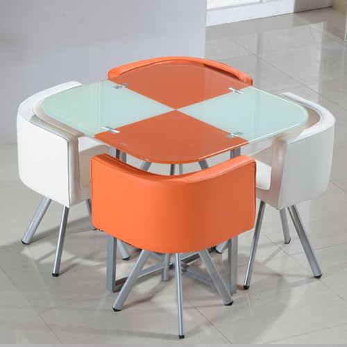 Runder Esstisch-Set mit 4 Stühlen – 12mm Temperiertes Glasplatte, Eisenlegierung-Verstärkte Beine, PU-Soft-Leder-Sitze – Moderner Konferenztisch for Empfang(Orange and White) von Generic