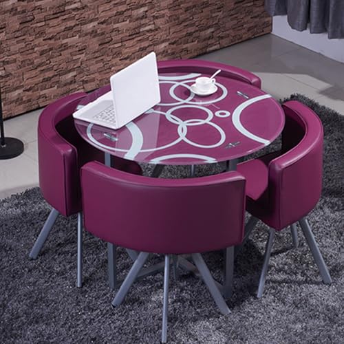 Runder Esstisch-Set mit 4 Stühlen – 12mm Temperiertes Glasplatte, Eisenlegierung-Verstärkte Beine, PU-Soft-Leder-Sitze – Moderner Konferenztisch for Empfang(Purple) von Generic