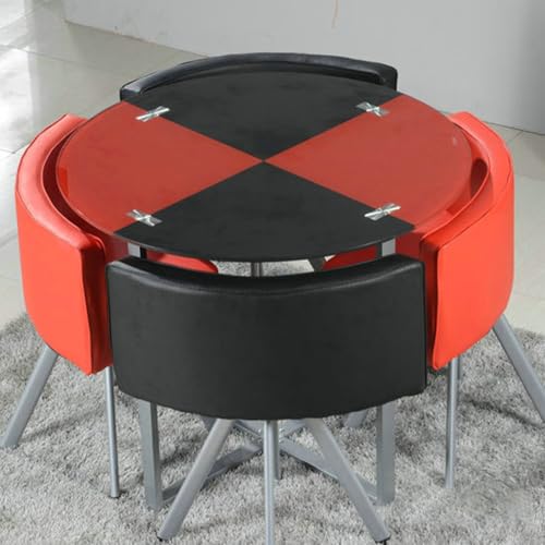 Runder Esstisch-Set mit 4 Stühlen – 12mm Temperiertes Glasplatte, Eisenlegierung-Verstärkte Beine, PU-Soft-Leder-Sitze – Moderner Konferenztisch for Empfang(Red and Black) von Generic