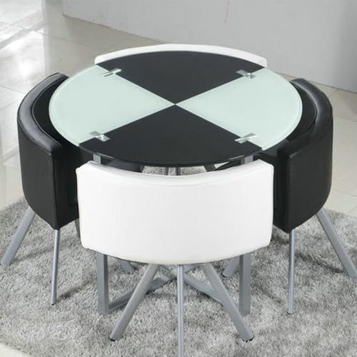 Runder Esstisch-Set mit 4 Stühlen – 12mm Temperiertes Glasplatte, Eisenlegierung-Verstärkte Beine, PU-Soft-Leder-Sitze – Moderner Konferenztisch for Empfang(White and Black) von Generic