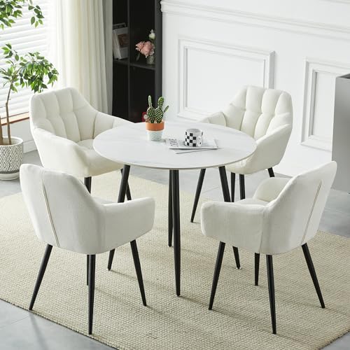 Runder Esstisch Set mit Sessel Stühlen 4er Set Lounge Stühle mit Armlehnen und Rückenlehne Stoff Freizeit Esszimmerstühle für Wohnzimmer Esszimmer und Konferenzraum Beige 90cm Tisch inklusive. von Generic