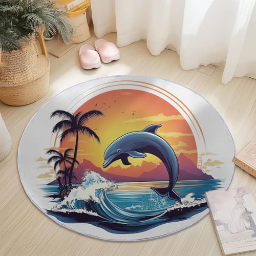 Runder Flanellteppich Durchmesser 100 cm - Poster Wellen Delfine Sonnenuntergang Bedruckter Teppich, Waschbarer Rutschfester Bunt Rund Teppiche für Wohnzimmer & Schlafzimmer Fußmatten von Generic