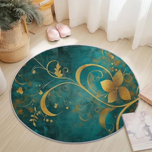 Runder Flanellteppich Durchmesser 120 cm - Elegant Floral Linien Bedruckter Teppich, Waschbarer Rutschfester Gold Blaugrün Rund Teppiche für Wohnzimmer & Schlafzimmer Fußmatten Runder Flanellteppich Durchmesser 120 cm - Elegant Floral Linien Bedruckter Teppich, Waschbarer Rutschfester Gold Blaugrün Rund Teppiche für Wohnzimmer & Schlafzimmer Fußmatten von Generic