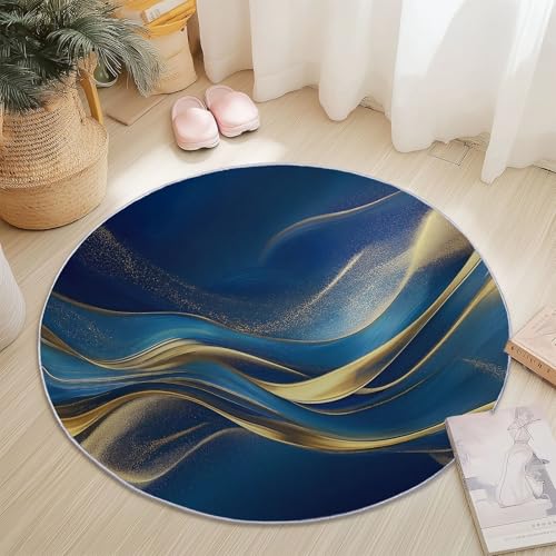 Runder Flanellteppich Durchmesser 140 cm - Abstrakt Glatt Linien Textur Bedruckter Teppich, Waschbarer Rutschfester Gold Blau Rund Teppiche für Wohnzimmer & Schlafzimmer Fußmatten Runder Flanellteppich Durchmesser 140 cm - Abstrakt Glatt Linien Textur Bedruckter Teppich, Waschbarer Rutschfester Gold Blau Rund Teppiche für Wohnzimmer & Schlafzimmer Fußmatten von Generic