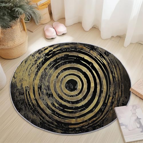 Runder Flanellteppich Durchmesser 140 cm - Abstrakt Textur Kreise Wirbel Bedruckter Teppich, Waschbarer Rutschfester Gold Schwarz Rund Teppiche für Wohnzimmer & Schlafzimmer Fußmatten Runder Flanellteppich Durchmesser 140 cm - Abstrakt Textur Kreise Wirbel Bedruckter Teppich, Waschbarer Rutschfester Gold Schwarz Rund Teppiche für Wohnzimmer & Schlafzimmer Fußmatten von Generic