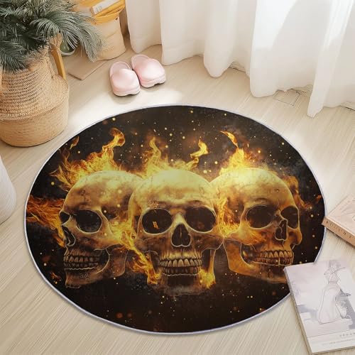 Runder Flanellteppich Durchmesser 60 cm - Gothic Totenkopf Flammen Retro Bedruckter Teppich, Waschbarer Rutschfester Gold Schwarz Rund Teppiche für Wohnzimmer & Schlafzimmer Fußmatten Runder Flanellteppich Durchmesser 60 cm - Gothic Totenkopf Flammen Retro Bedruckter Teppich, Waschbarer Rutschfester Gold Schwarz Rund Teppiche für Wohnzimmer & Schlafzimmer Fußmatten von Generic