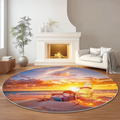 Runder Teppich mit Landschaft Sonnenuntergang Strand Drucken, Gelb Flanell Weich Fußmatte für Schlafzimmer Kinderzimmer Küche, Ø 180 cm Rund Teppiche Mit Anti-Rutsch Unterseite Runder Teppich mit Landschaft Sonnenuntergang Strand Drucken, Gelb Flanell Weich Fußmatte für Schlafzimmer Kinderzimmer Küche, Ø 180 cm Rund Teppiche Mit Anti-Rutsch Unterseite von Generic