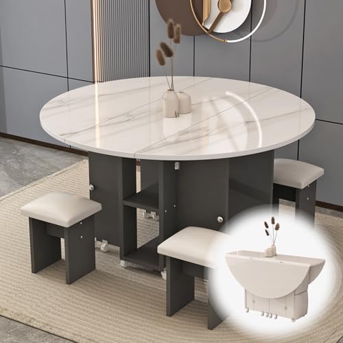 Runder Küchentisch und Stühle for 4, Klappbarer Esstisch mit 4 Gepolsterten Hockern und Rollen for Küche und Kleine Räume von Generic