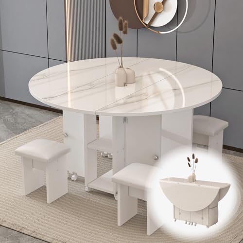 Runder Küchentisch und Stühle for 4, Klappbarer Esstisch mit 4 Gepolsterten Hockern und Rollen for Küche und Kleine Räume Runder Küchentisch und Stühle for 4, Klappbarer Esstisch mit 4 Gepolsterten Hockern und Rollen for Küche und Kleine Räume von Generic