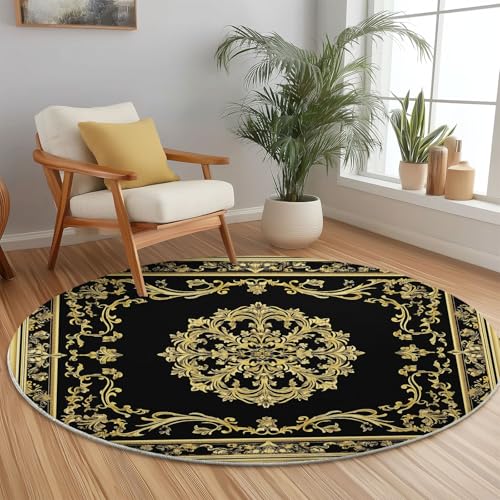 Runder Schwarz Gold Teppich Maschinenwaschbar Strapazierfähig, 245 cm Rund Teppiche für Wohnzimmer Wohnbereich Essbereich, Traditionell Linien Muster Flanell Runder Teppich Weiche rutschfest Runder Schwarz Gold Teppich Maschinenwaschbar Strapazierfähig, 245 cm Rund Teppiche für Wohnzimmer Wohnbereich Essbereich, Traditionell Linien Muster Flanell Runder Teppich Weiche rutschfest von Generic