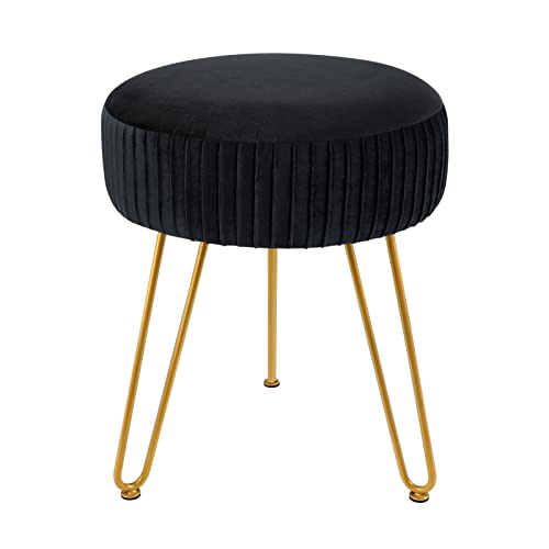 Runder Sitzhocker aus Samt mit goldenen Beinen - Moderner Schminktischhocker Gepolstert für Wohnzimmer & Schlafzimmer - Farbe Schwarz von Generic