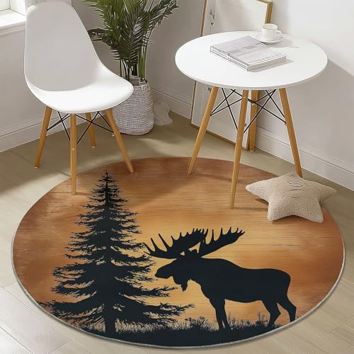 Runder Teppich 100 cm - Retro Stammeselemente Hirsch Kiefern Bedruckter Teppich, Waschbarer Rutschfester Braun Schwarz Rund Teppiche für Wohnzimmer & Schlafzimmer Fußmatten Runder Teppich 100 cm - Retro Stammeselemente Hirsch Kiefern Bedruckter Teppich, Waschbarer Rutschfester Braun Schwarz Rund Teppiche für Wohnzimmer & Schlafzimmer Fußmatten von Generic