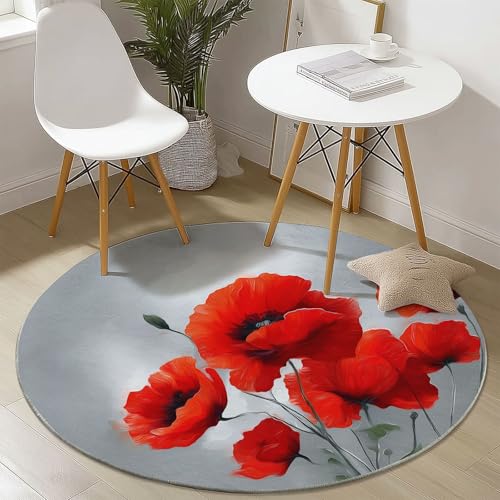 Runder Teppich 120 cm - Elegant Texturiert Floral Mohn Bedruckter Teppich, Waschbarer Rutschfester Rot Grau Rund Teppiche für Wohnzimmer & Schlafzimmer Fußmatten von Generic