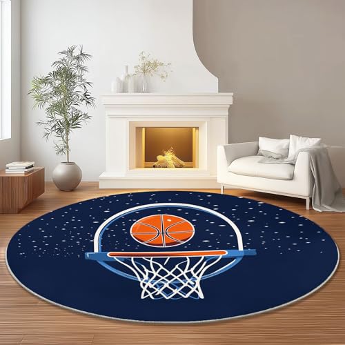 Runder Teppich 150 cm für Schlafzimmer Studie Dekor, Cartoon Basketball Sterne Flanell Rund Teppich Anti-Rutsch, Dunkelblau Runder Teppiche Nicht Leicht zu Verblassen Runder Teppich 150 cm für Schlafzimmer Studie Dekor, Cartoon Basketball Sterne Flanell Rund Teppich Anti-Rutsch, Dunkelblau Runder Teppiche Nicht Leicht zu Verblassen von Generic
