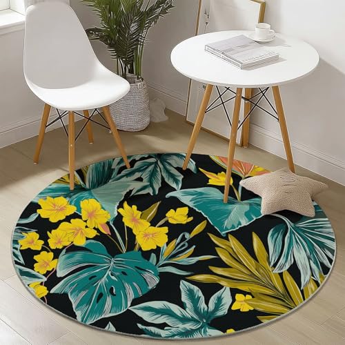 Runder Teppich 180 cm - Tropische Pflanzen Blätter Blumen Textur Bedruckter Teppich, Waschbarer Rutschfester Grün Gelb Rund Teppiche für Wohnzimmer & Schlafzimmer Fußmatten von Generic