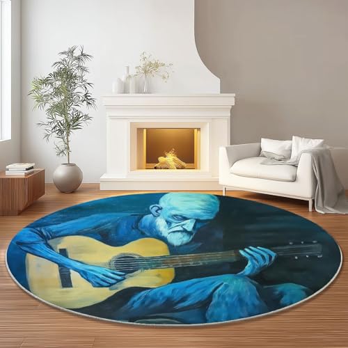 Runder Teppich mit Abstrakt Ölgemälde Gitarre Drucken, Dunkelblau Gelb Flanell Weich Fußmatte für Schlafzimmer Kinderzimmer Küche, Ø 180 cm Rund Teppiche Mit Anti-Rutsch Unterseite Runder Teppich mit Abstrakt Ölgemälde Gitarre Drucken, Dunkelblau Gelb Flanell Weich Fußmatte für Schlafzimmer Kinderzimmer Küche, Ø 180 cm Rund Teppiche Mit Anti-Rutsch Unterseite von Generic