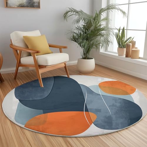 Runder Teppich 245 cm für Schlafzimmer Studie Dekor, Abstrakt Geometrisch Illustration Flanell Rund Teppich Anti-Rutsch, Blau Orange Runder Teppiche Nicht Leicht zu Verblassen von Generic