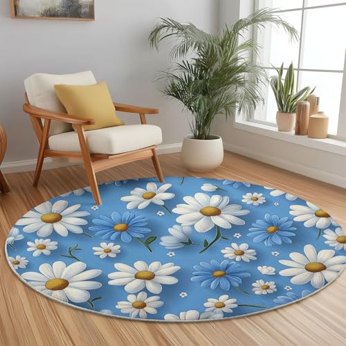 Runder Teppich 90 cm für Schlafzimmer Studie Dekor, Blumen 3D Gänseblümchen Flanell Rund Teppich Anti-Rutsch, Blau Weiß Runder Teppiche Nicht Leicht zu Verblassen Runder Teppich 90 cm für Schlafzimmer Studie Dekor, Blumen 3D Gänseblümchen Flanell Rund Teppich Anti-Rutsch, Blau Weiß Runder Teppiche Nicht Leicht zu Verblassen von Generic