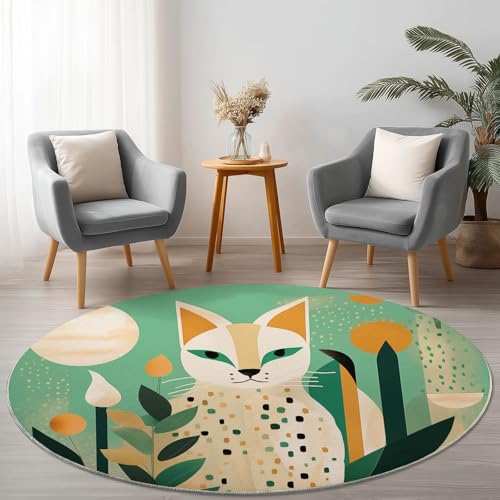 Runder Teppich Abstrakt Tiere Katzen Blätter Blumen Thema Teppich Kurzflor rutschfest Waschbar, 160 cm Round Teppiche für Wohnzimmer Schlafzimmer Esszimmer Küche Studie Heimbüro - Grün Orange Runder Teppich Abstrakt Tiere Katzen Blätter Blumen Thema Teppich Kurzflor rutschfest Waschbar, 160 cm Round Teppiche für Wohnzimmer Schlafzimmer Esszimmer Küche Studie Heimbüro - Grün Orange von Generic