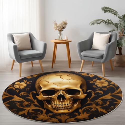 Runder Teppich Fantasie Blumen Totenköpfe Pflanzen Thema Teppich Kurzflor rutschfest Waschbar, 200 cm Round Teppiche für Wohnzimmer Schlafzimmer Esszimmer Küche Studie Heimbüro - Schwarz Kupfer Runder Teppich Fantasie Blumen Totenköpfe Pflanzen Thema Teppich Kurzflor rutschfest Waschbar, 200 cm Round Teppiche für Wohnzimmer Schlafzimmer Esszimmer Küche Studie Heimbüro - Schwarz Kupfer von Generic