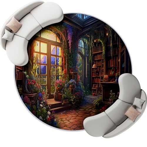 Runder Teppich Fantasie Bücherregal Blumen Bedruckt Wohnzimmerteppich Rund 100 cm Teppich für Schlafzimmer Wohnzimmer Esszimmer Küche Innen, Braunes Grün Runder Teppich Fantasie Bücherregal Blumen Bedruckt Wohnzimmerteppich Rund 100 cm Teppich für Schlafzimmer Wohnzimmer Esszimmer Küche Innen, Braunes Grün von Generic