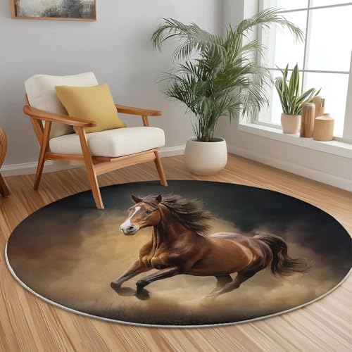 Runder Teppich Waschbar Bedruckt Natur Pferde Gras Wohnzimmer Rund 150 cm Braun Flauschig Modern Teppich Für Schlafzimmer Heimbüro Esszimmer Küche Innen Studie Dekor von Generic