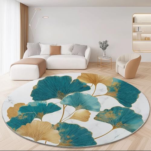 Runder Teppich Wohnzimmer 180 cm Natur Ginkgoblätter Zweige Und Laub Blau - Waschbar, Kurzflor, rutschfest Für Esszimmer Schlafzimmer Wohnbereich Tischunterlage Essbereich Heimbüro Dekor Runder Teppich Wohnzimmer 180 cm Natur Ginkgoblätter Zweige Und Laub Blau - Waschbar, Kurzflor, rutschfest Für Esszimmer Schlafzimmer Wohnbereich Tischunterlage Essbereich Heimbüro Dekor von Generic
