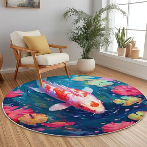 Runder Teppich Wohnzimmer 180 cm Natur Koi Lotusblätter Blau - Waschbar, Kurzflor, rutschfest Für Esszimmer Schlafzimmer Wohnbereich Tischunterlage Essbereich Heimbüro Dekor Runder Teppich Wohnzimmer 180 cm Natur Koi Lotusblätter Blau - Waschbar, Kurzflor, rutschfest Für Esszimmer Schlafzimmer Wohnbereich Tischunterlage Essbereich Heimbüro Dekor von Generic
