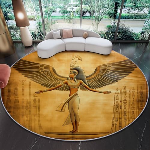 Runder Teppich aus Korallensamt Ägyptische Göttin Vintage Kunst Rutschfester Waschbare 150 cm (Round) Flur Teppich Duschvorleger Fussmatten,für Esszimmer Schlafzimmer Wohnzimmer Anthrazitgrau von Generic