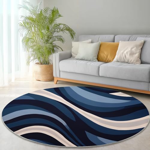 Runder Teppich aus Korallensamt Abstrakte Linien Moderne Kunst Rutschfester Waschbare 120 cm (Round) Flur Teppich Duschvorleger Fussmatten,für Esszimmer Schlafzimmer Wohnzimmer Blau Beige von Generic