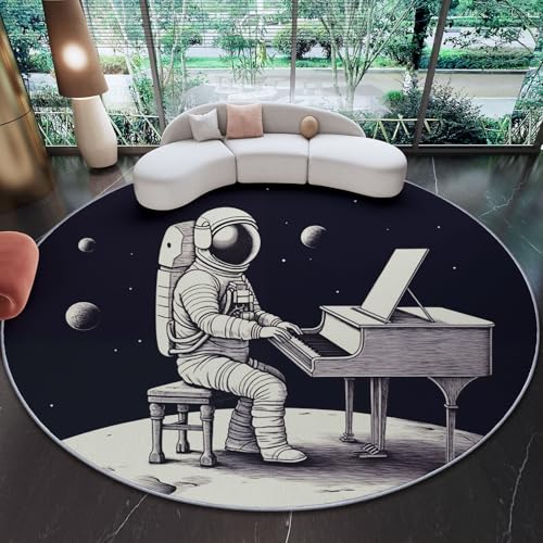 Runder Teppich aus Korallensamt Astronaut Klavier Weltraum Rutschfester Waschbare 120 cm (Round) Flur Teppich Duschvorleger Fussmatten,für Esszimmer Schlafzimmer Wohnzimmer Dunkelgrau Cremeweiß von Generic