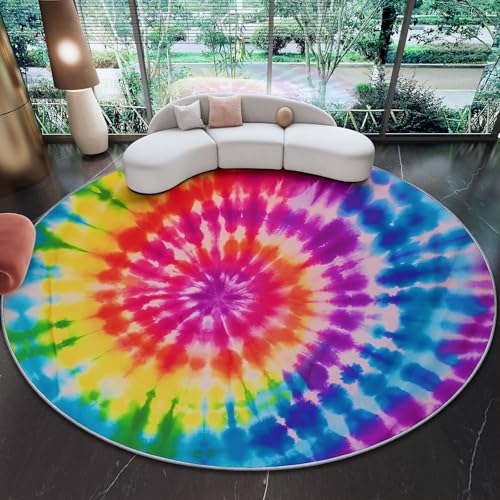 Runder Teppich aus Korallensamt Batik Bunt Bohème Rutschfester Waschbare 100 cm (Round) Flur Teppich Duschvorleger Fussmatten,für Esszimmer Schlafzimmer Wohnzimmer Malachitgrün Pfirsichrosa von Generic