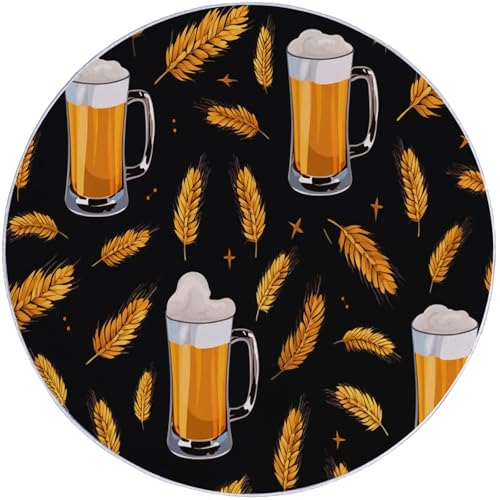 Runder Teppich aus Korallensamt Bier Weizen Ohren Retro Freizeit Rutschfester Waschbare 150 cm (Round) Flur Teppich Duschvorleger Fussmatten,für Esszimmer Schlafzimmer Wohnzimmer Schwarz Orange von Generic