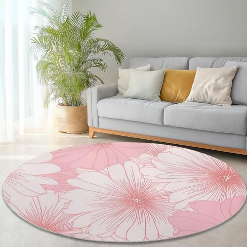 Runder Teppich aus Korallensamt Blumen Einfach Frisch Rutschfester Waschbare 100 cm (Round) Flur Teppich Duschvorleger Fussmatten,für Esszimmer Schlafzimmer Wohnzimmer Rosa Weiß von Generic