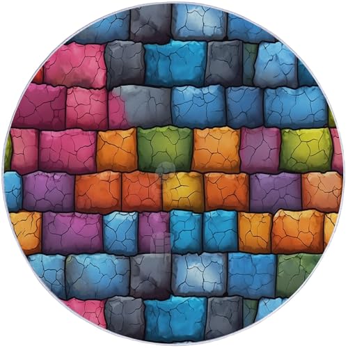Runder Teppich aus Korallensamt Bunte Steinmauer Fantasie Rutschfester Waschbare 60 cm (Round) Flur Teppich Duschvorleger Fussmatten,für Esszimmer Schlafzimmer Wohnzimmer Blau Orange von Generic
