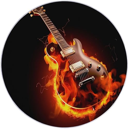 Runder Teppich aus Korallensamt Flamme Gitarre Rock Cool Rutschfester Waschbare 60 cm (Round) Flur Teppich Duschvorleger Fussmatten,für Esszimmer Schlafzimmer Wohnzimmer Schwarz Orange von Generic