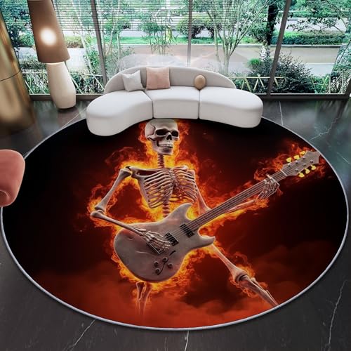 Runder Teppich aus Korallensamt Flamme Schädel Gitarre Dunkel Rutschfester Waschbare 60 cm (Round) Flur Teppich Duschvorleger Fussmatten,für Esszimmer Schlafzimmer Wohnzimmer Schwarz Orange von Generic